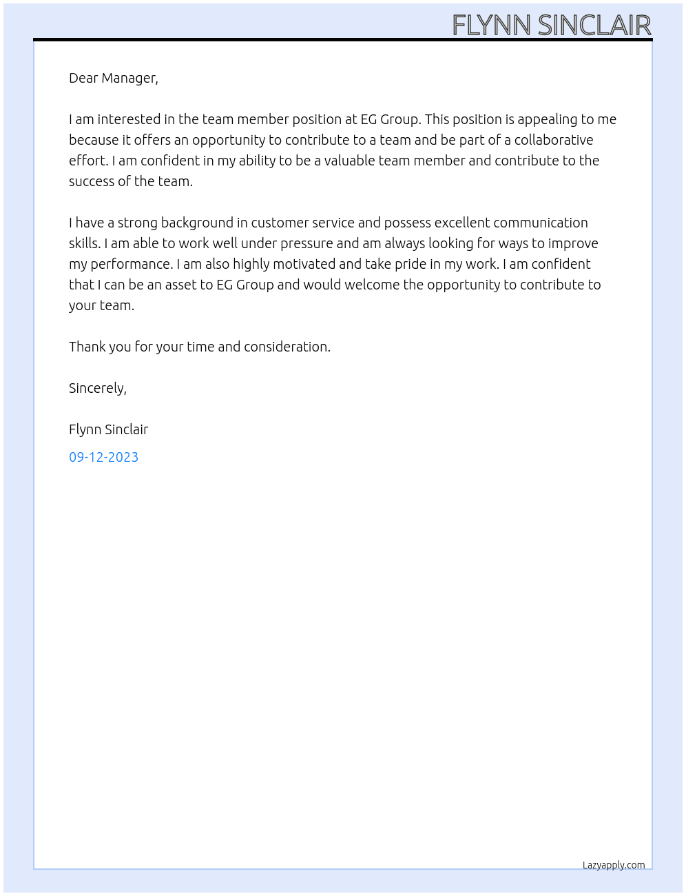 Team member At EG Group Cover Letter
