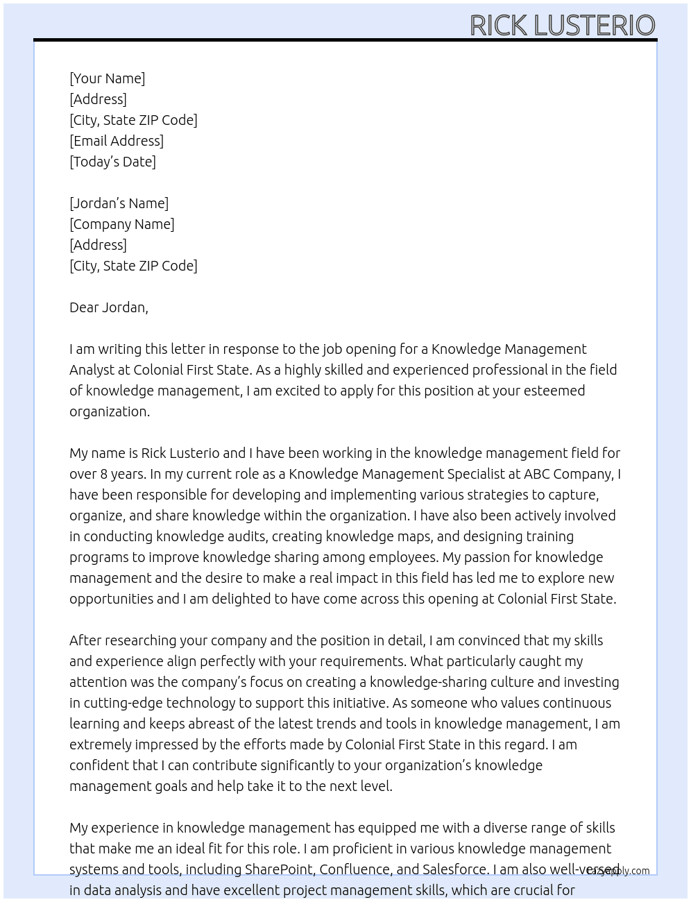 Knowledge Management Analyst At Colonial First State Cover Letter