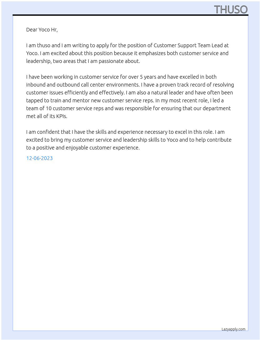 Customer Support Team Lead  At YOCO Cover Letter