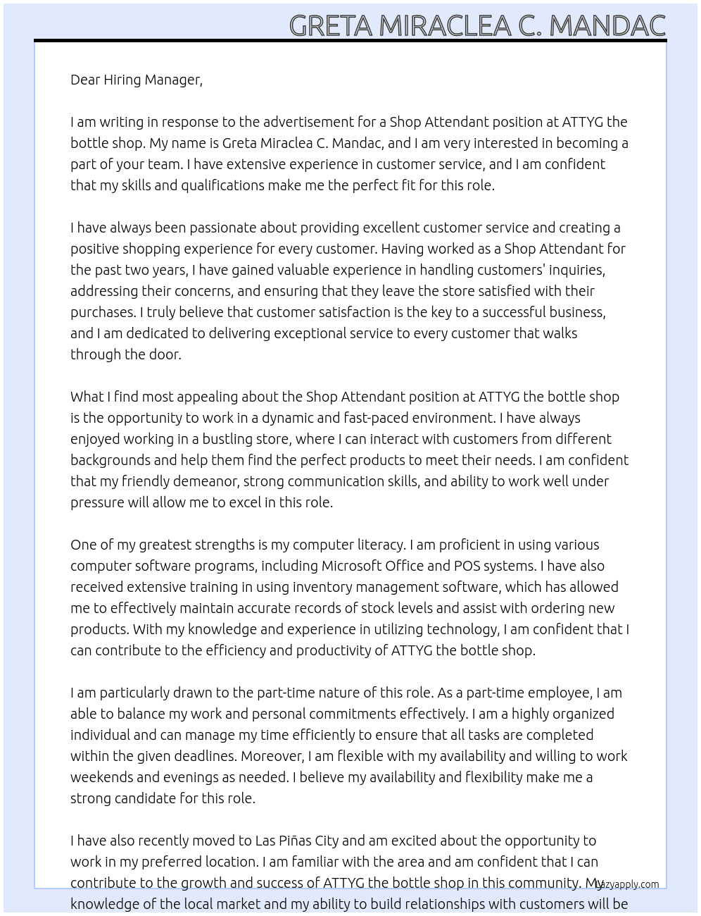 Shop Attendant  At ATTYG the bottle shop Cover Letter