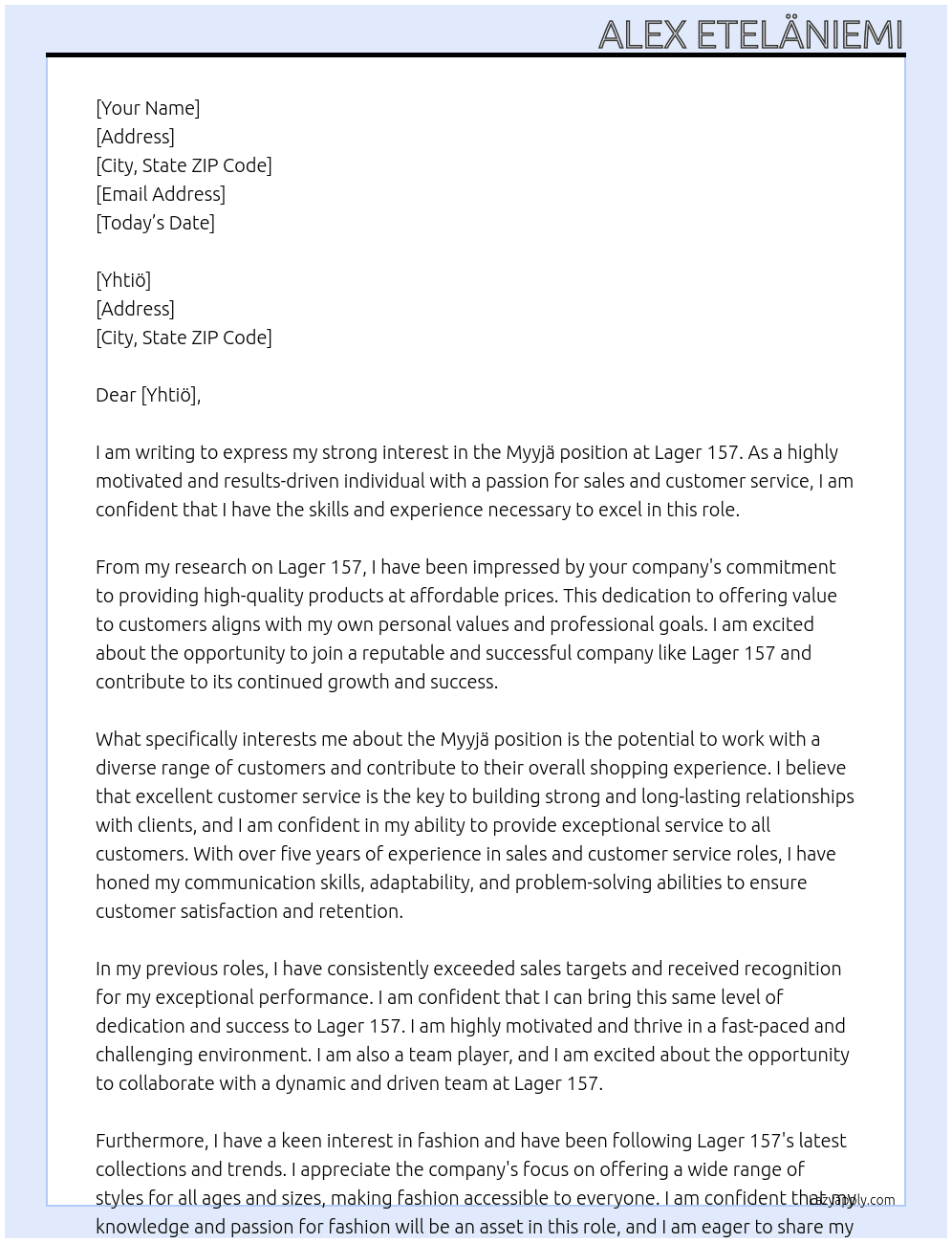 Myyjä At Lager 157 Cover Letter