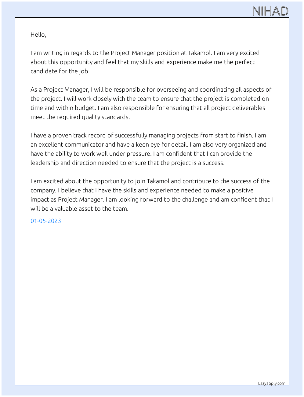 Project manager  At Takamol Cover Letter