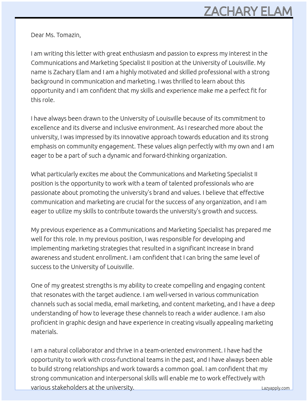 Communications and Marketing Specialist II At University of Louisville Cover Letter