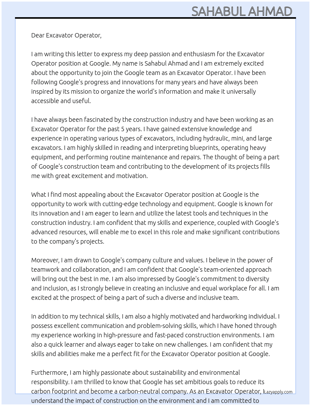 Excavator operator  At Google  Cover Letter