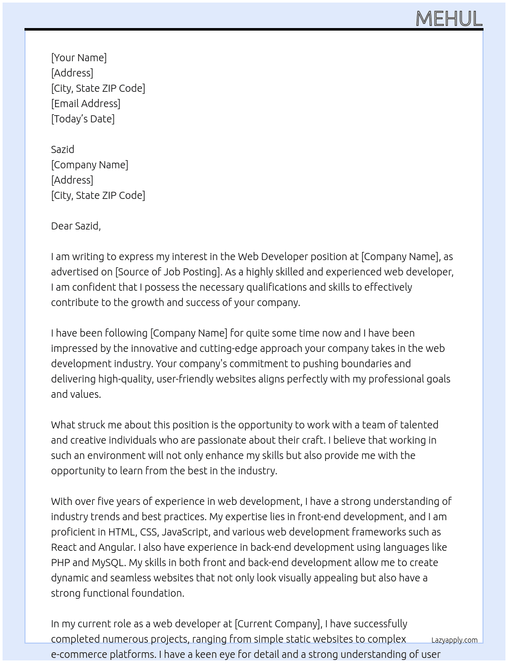 Web developer  At Web developer  Cover Letter