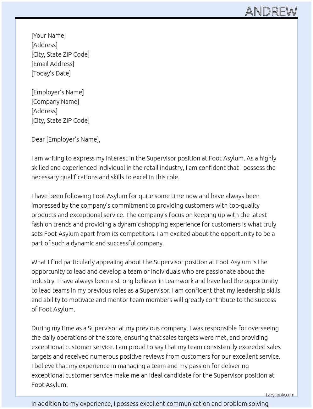 Supervisor  At Foot Asylum Cover Letter
