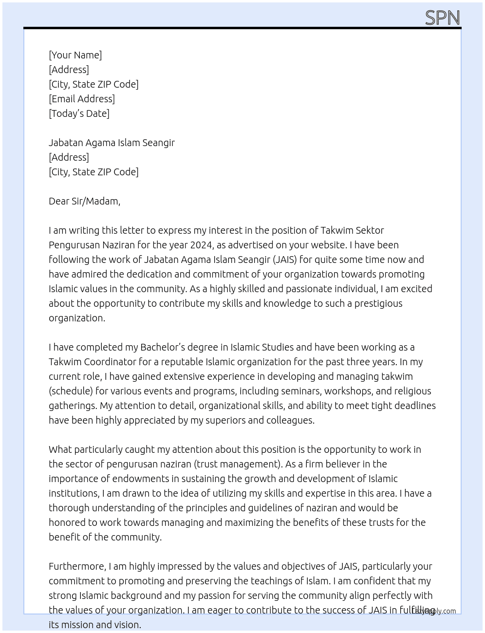 Takwim Sektor pengurusan naziran . Tahun 2024 At JAIS Cover Letter