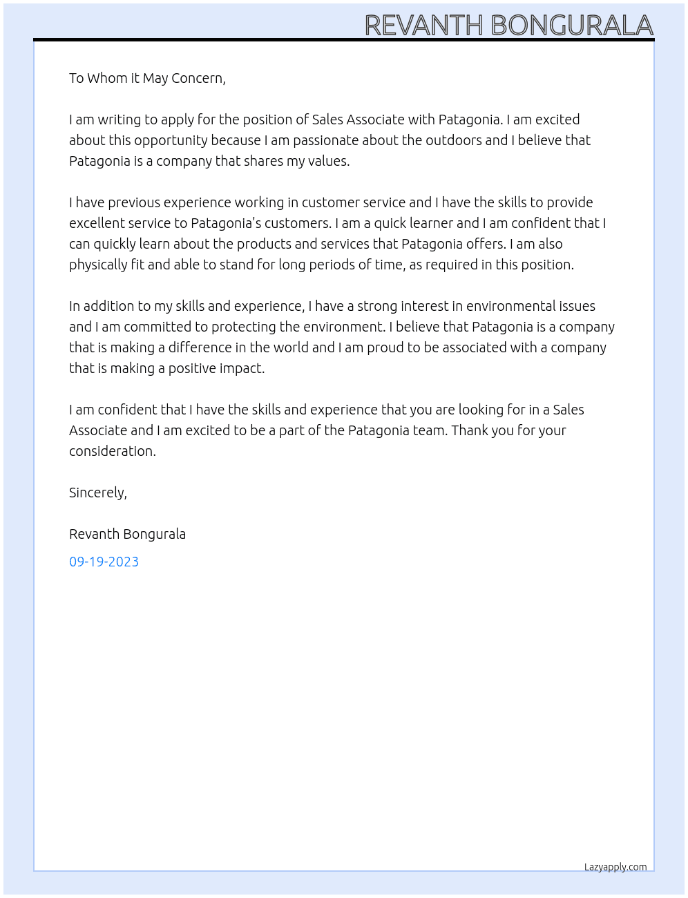 sales associate At patagonia Cover Letter