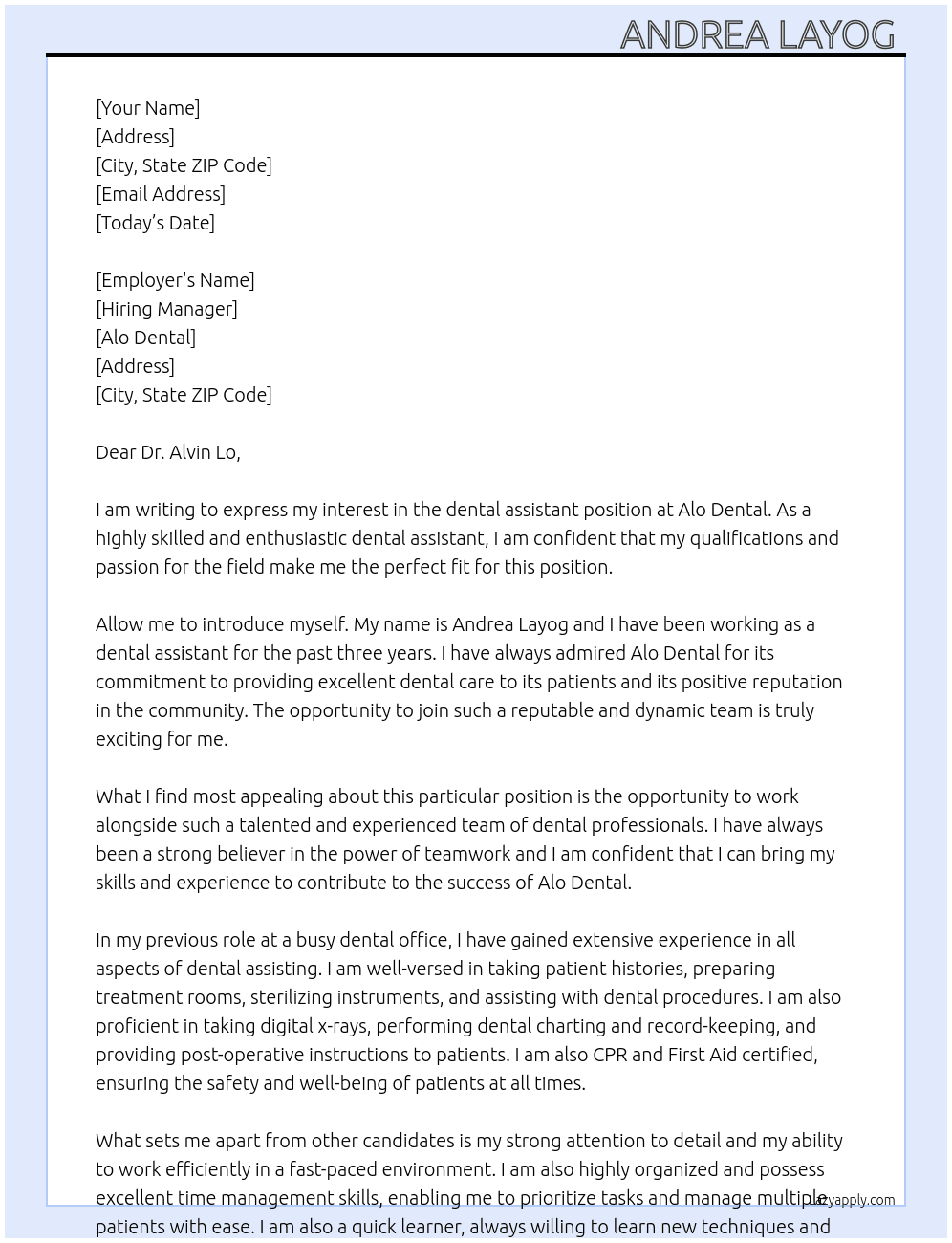 dental assistant  At Alo dental  Cover Letter