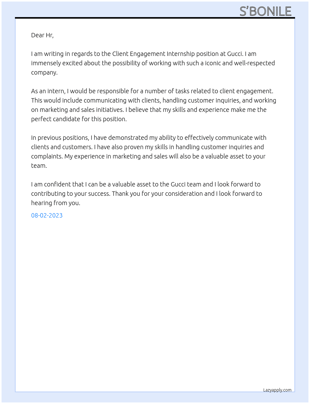 Client Engagement Internship  At Gucci Cover Letter