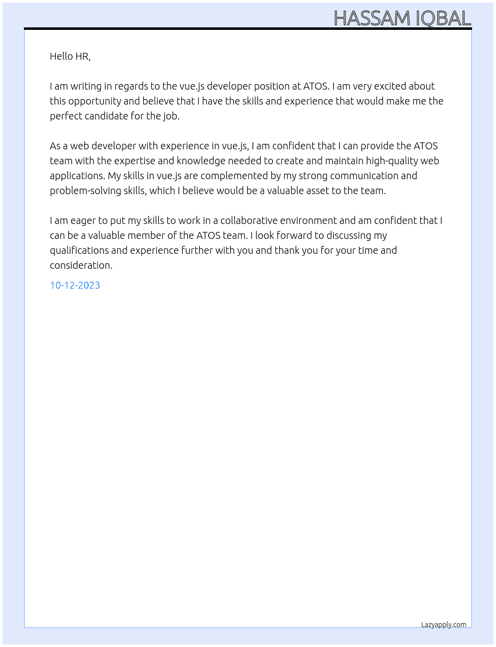 front end developer  At MMBC Cover Letter