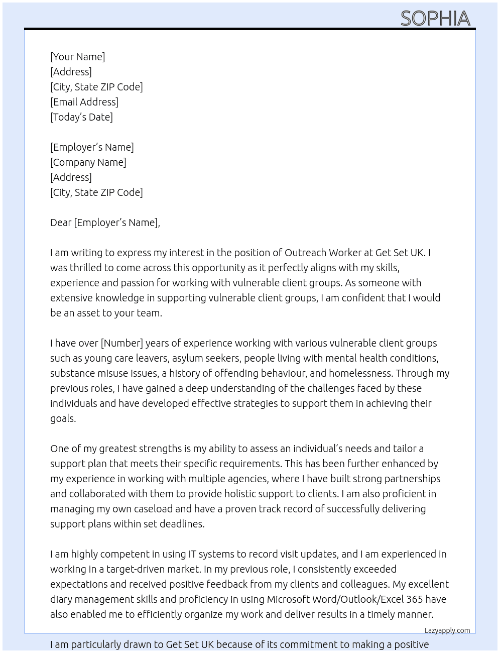 Outreach worker  At Get set uk  Cover Letter