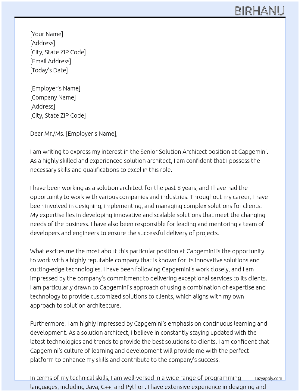 senior solution architect  At capgemeni Cover Letter