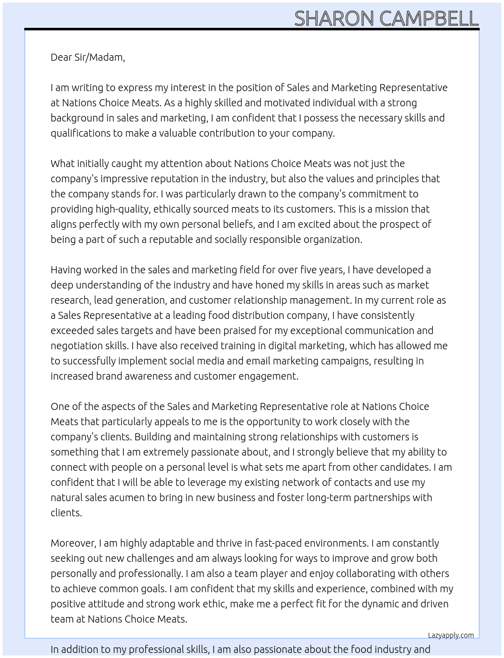 sales and marketing representative At Nations Choice Meats Cover Letter
