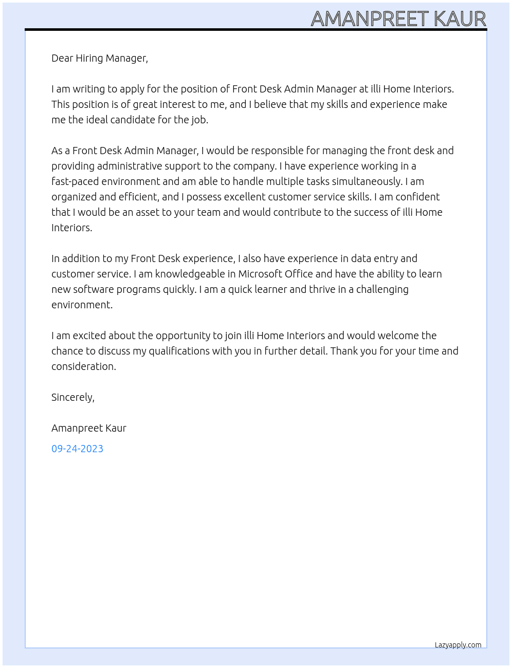 Front Desk Admin Manager At |illi Home Interiors Cover Letter