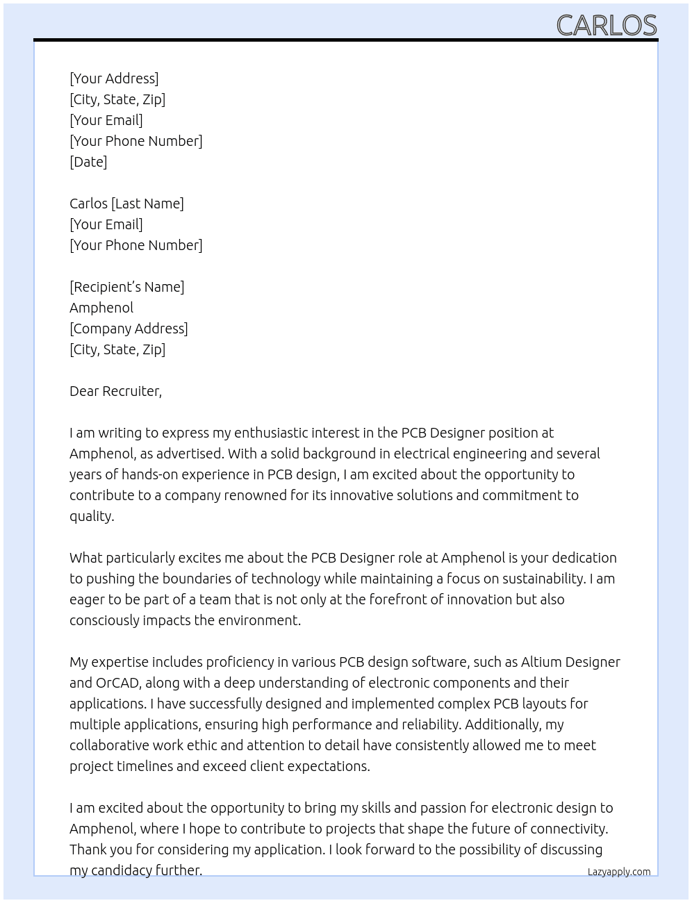 PCB designer  At Amphenol Cover Letter