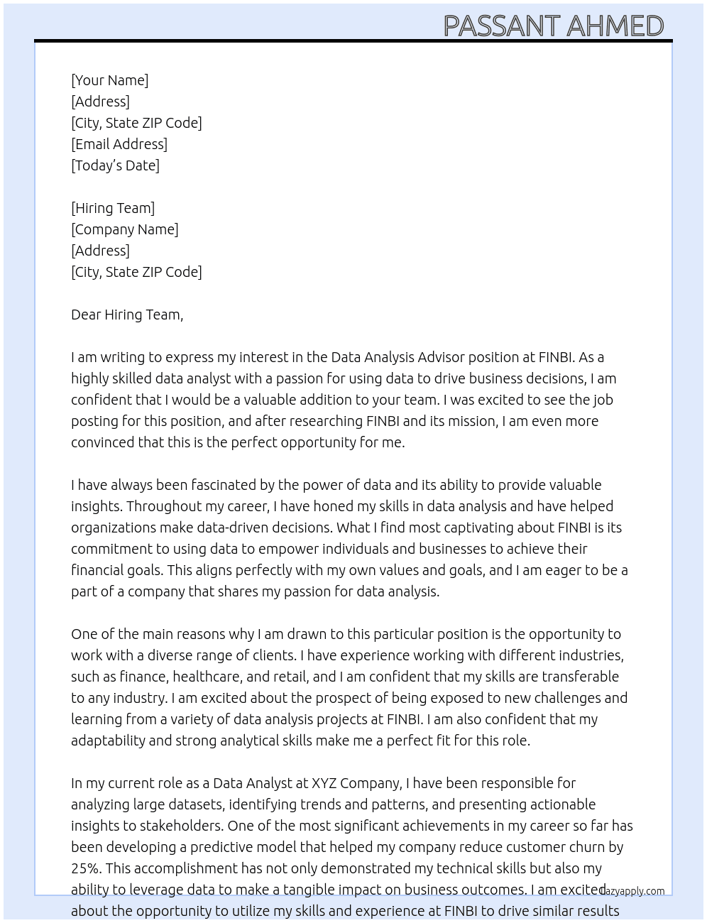 Data analysis Advisor At FINBI Cover Letter