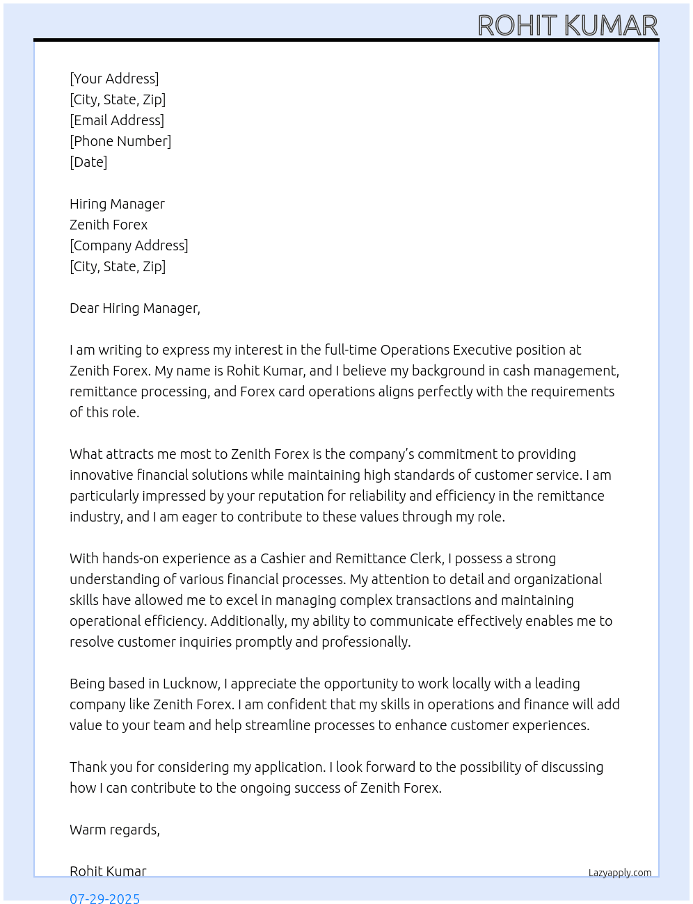 Operation Excutive At Zenith Forex Cover Letter