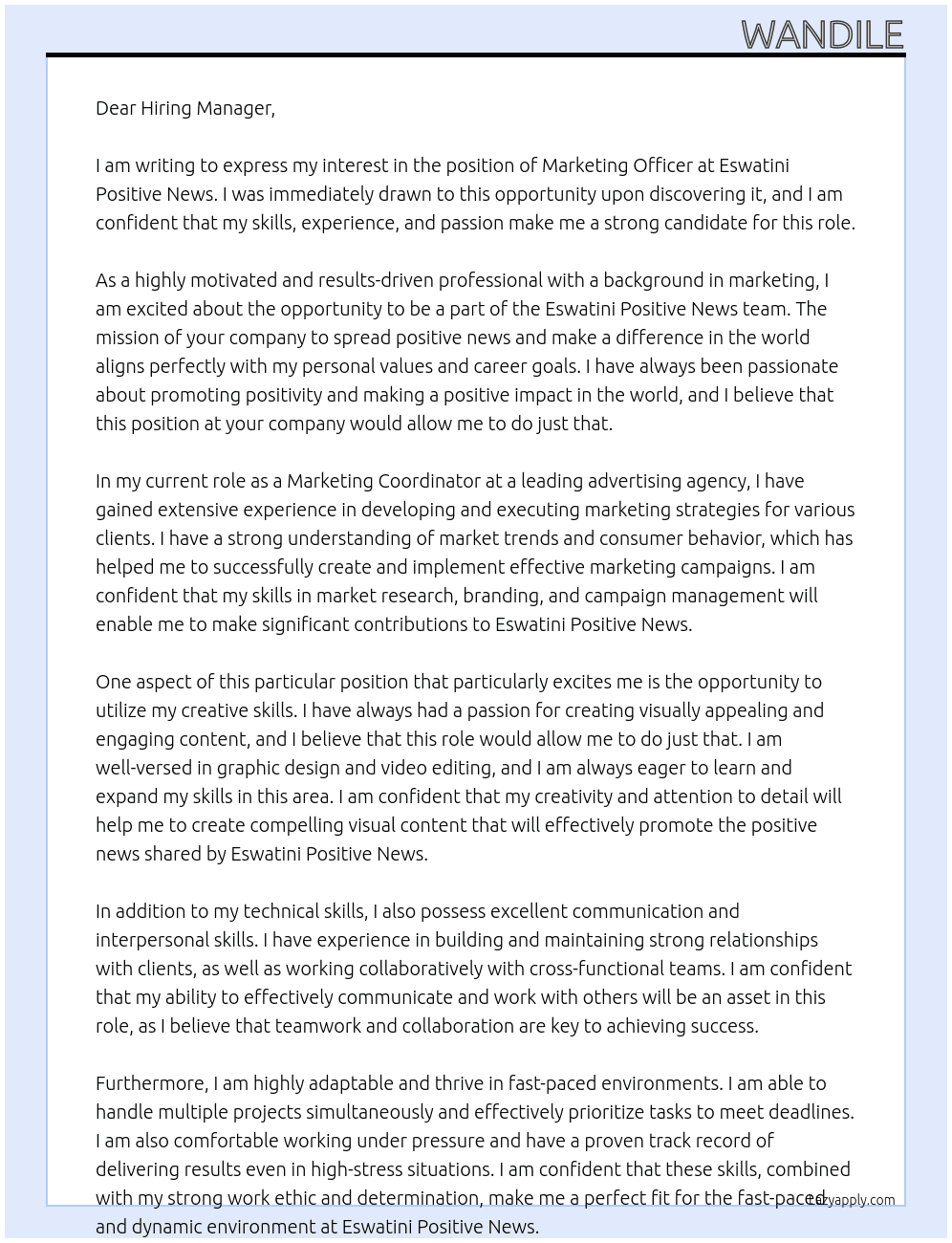 Marketing officer At Eswatini Positive News Cover Letter