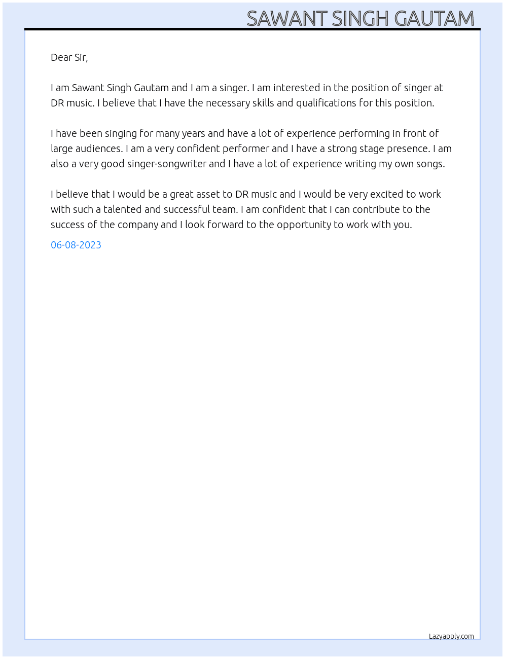 Singer  At DR music  Cover Letter
