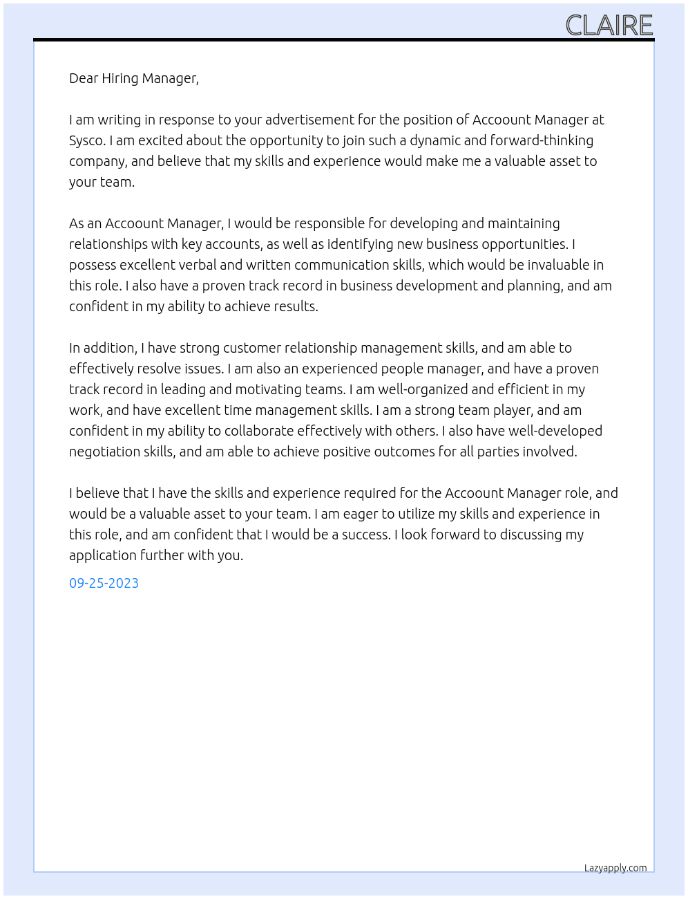 Accoount Manager At Sysco Cover Letter