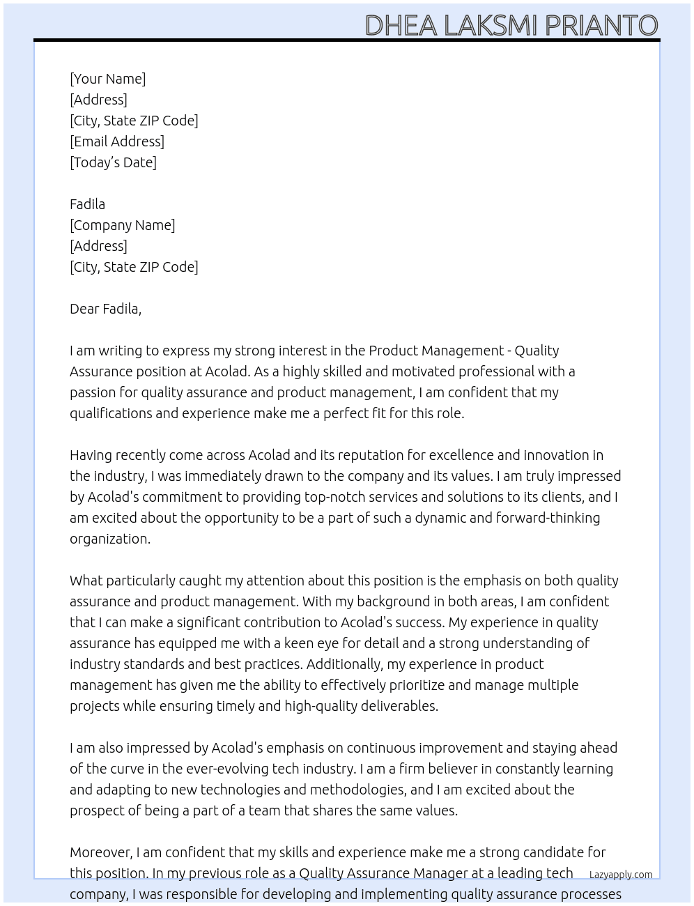 Product Management - Quality Assurance At Acolad Cover Letter