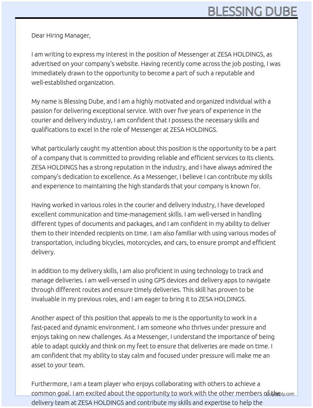 Messenger  At ZESA HOLDINGS  Cover Letter