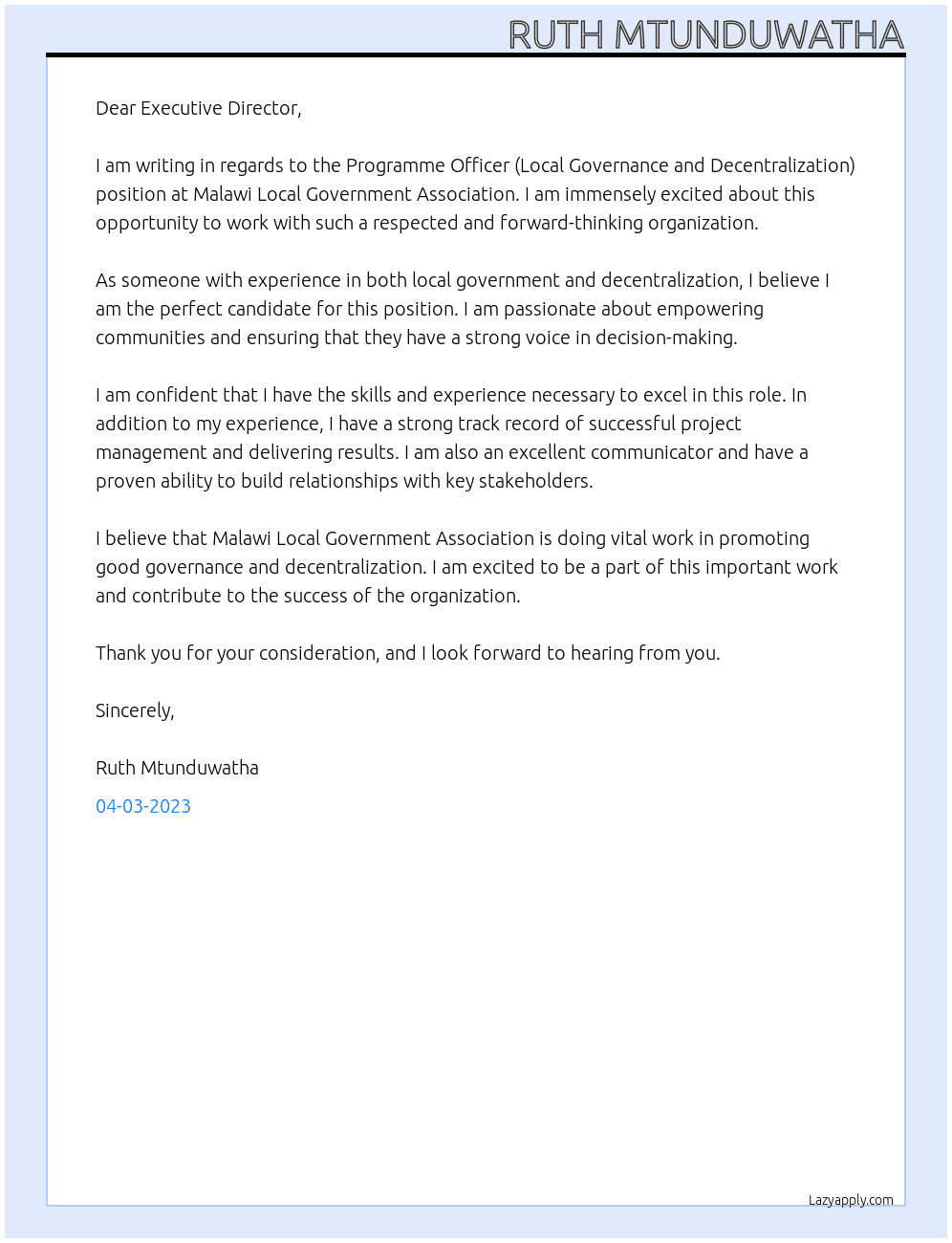 Programme Officer (Local Governance and Decentratization) At Malawi Local Government Association Cover Letter