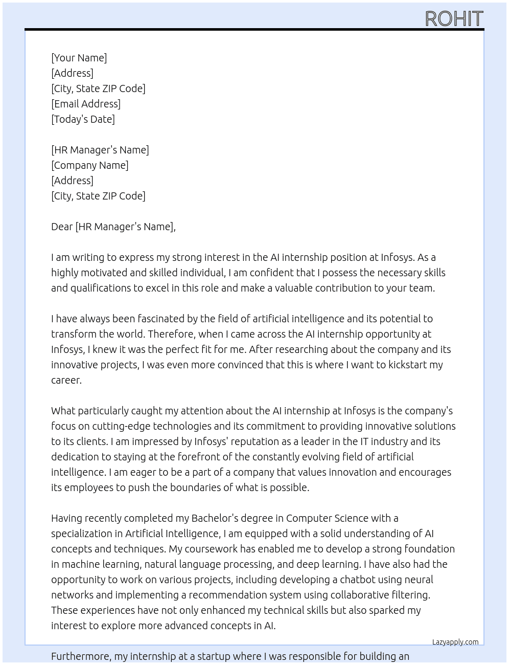 ai internship At infosys Cover Letter