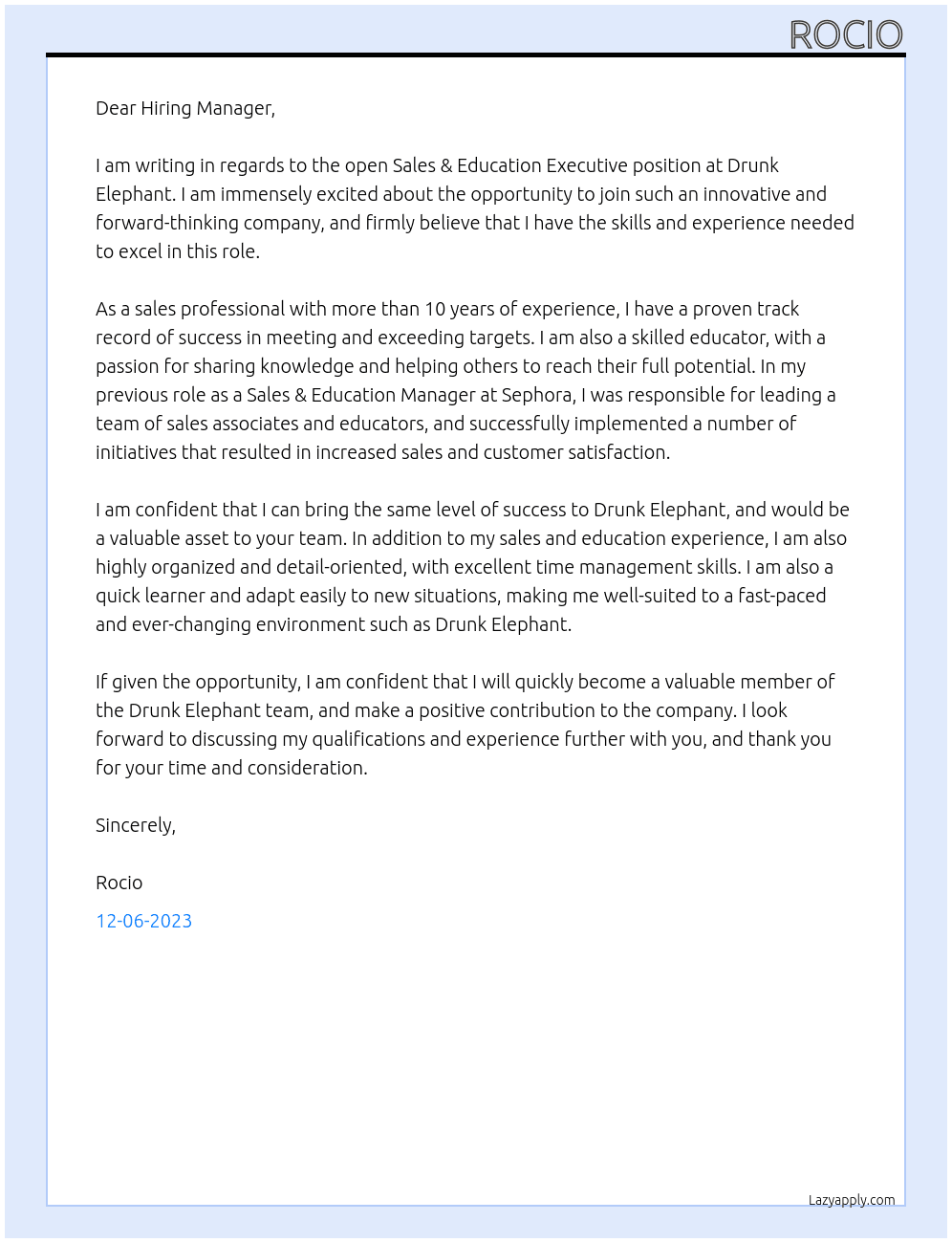 DRUNK ELEPHANT, SALES & EDUCATION EXECUTIVE At DRUNK ELEPHANT Cover Letter