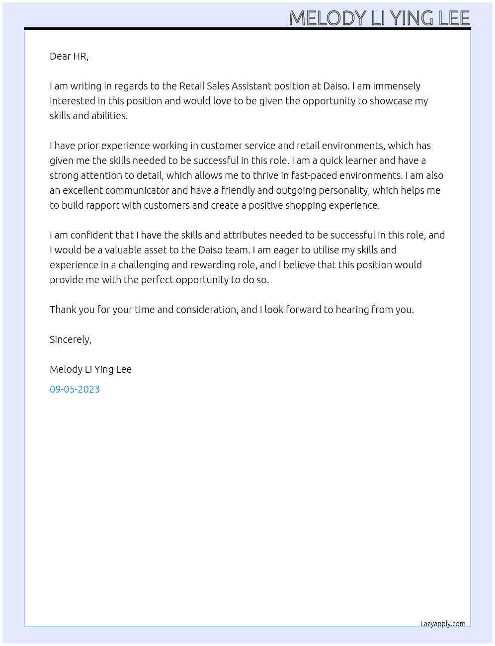 Retail Sales Assistant At Daiso Cover Letter
