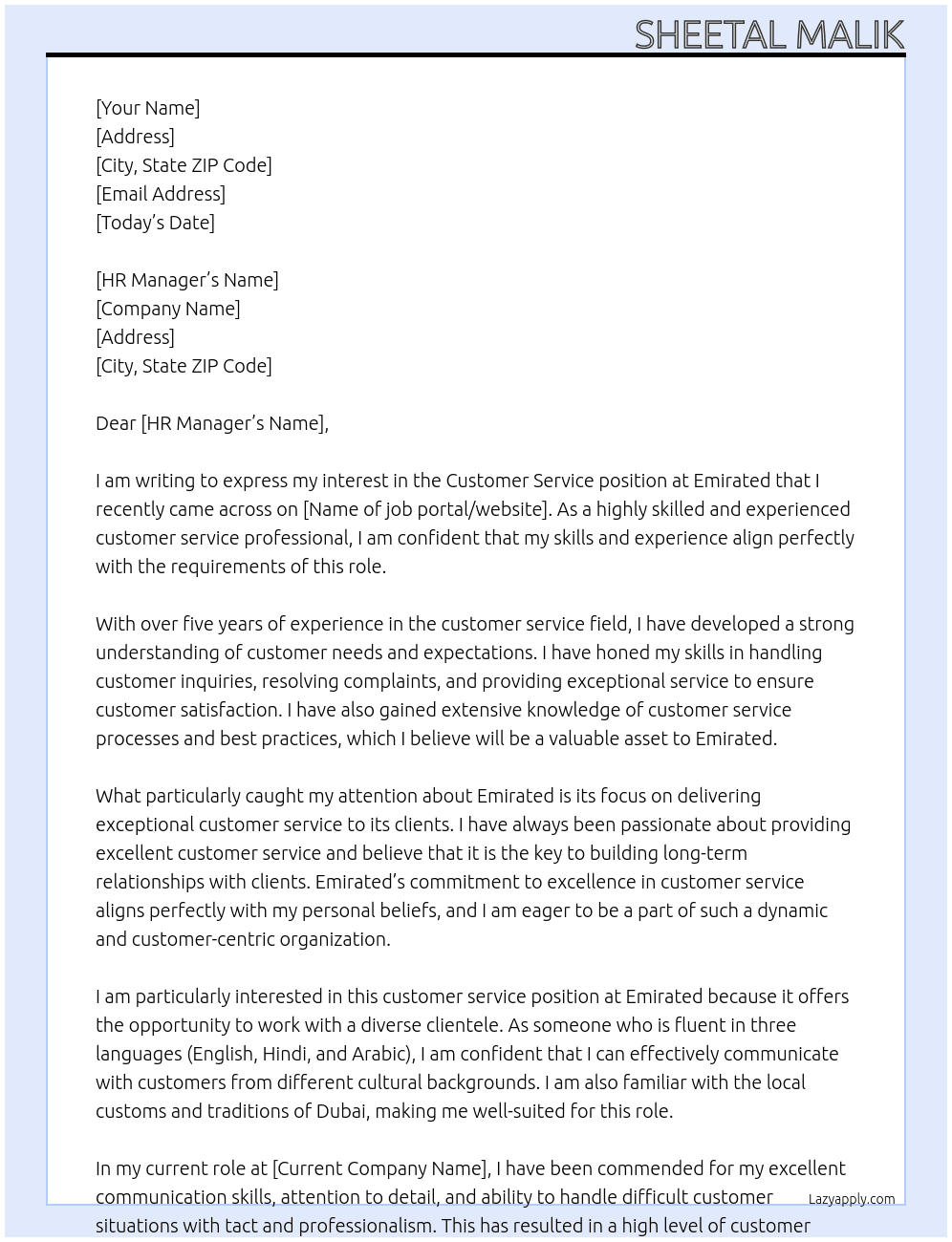Cusromer Service At Emirated Cover Letter