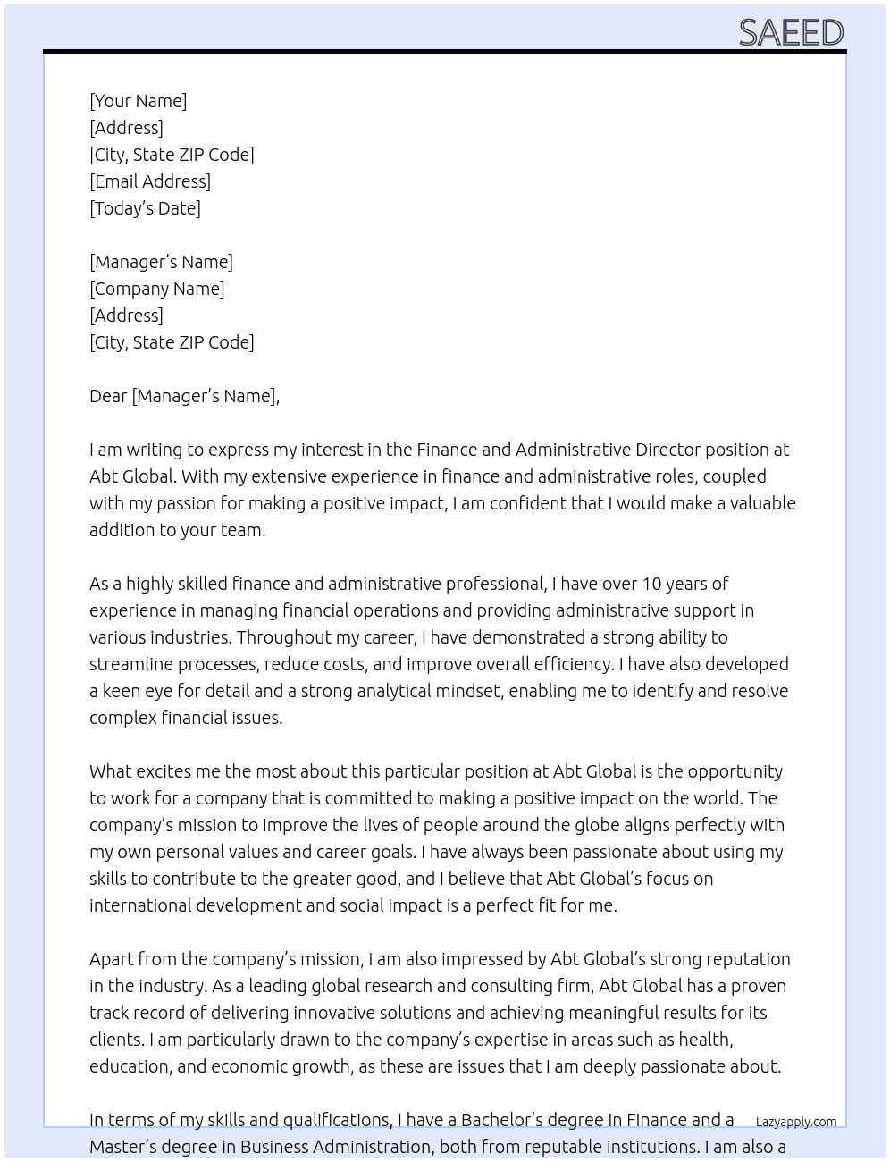 Finance and Administartive Director At Abt Global Cover Letter