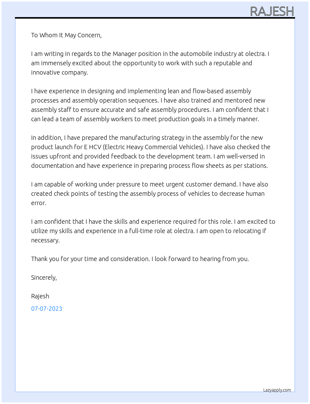 Manager automobile industry At olectra Cover Letter