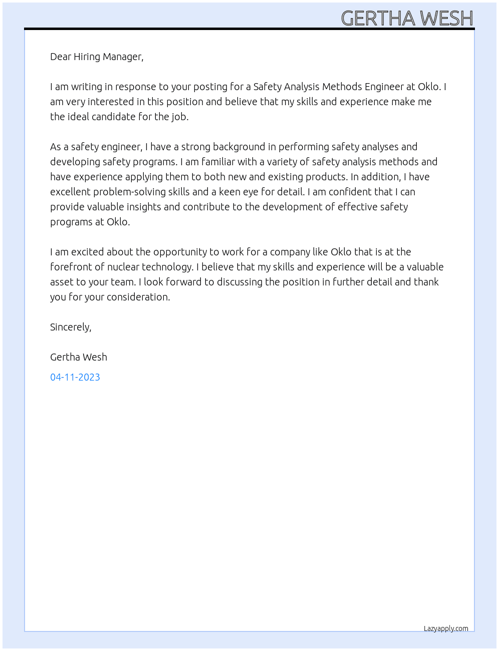 Safety Analysis Methods Engineer At Oklo Cover Letter