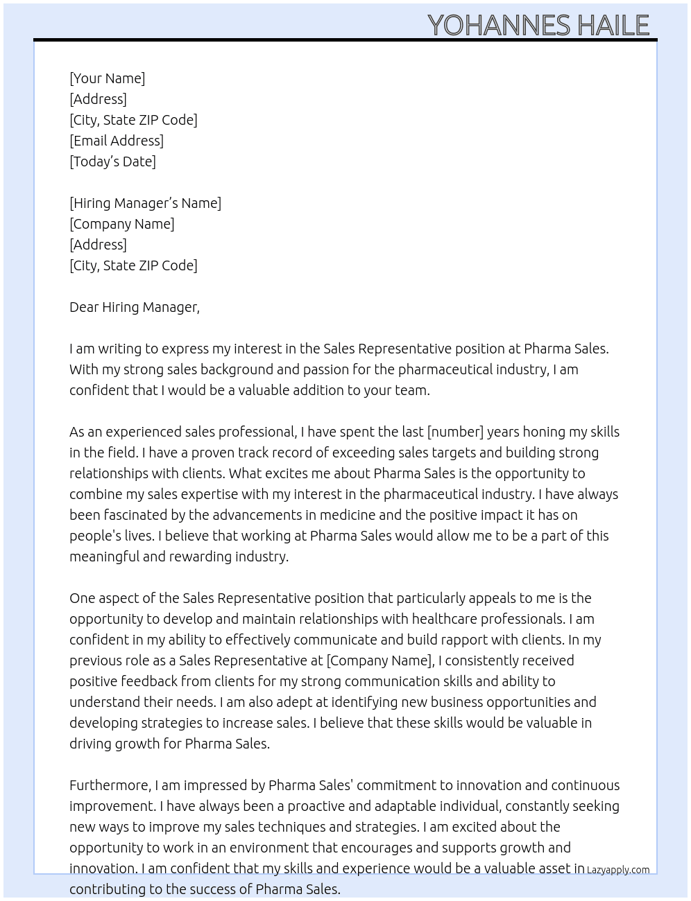 Sales representative  At Pharma sales Cover Letter