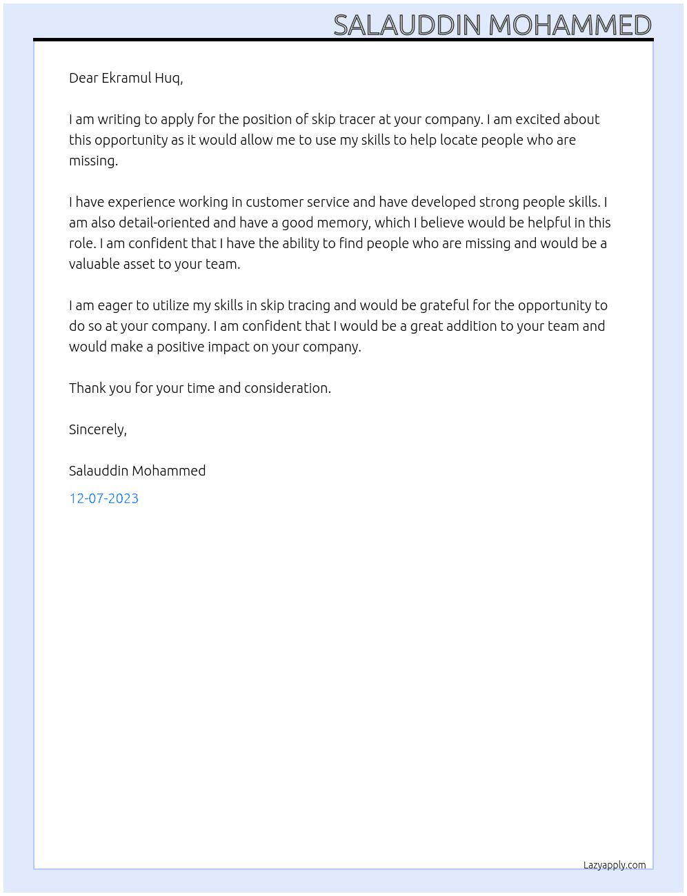 skip tracing At Ekramul Huq Cover Letter