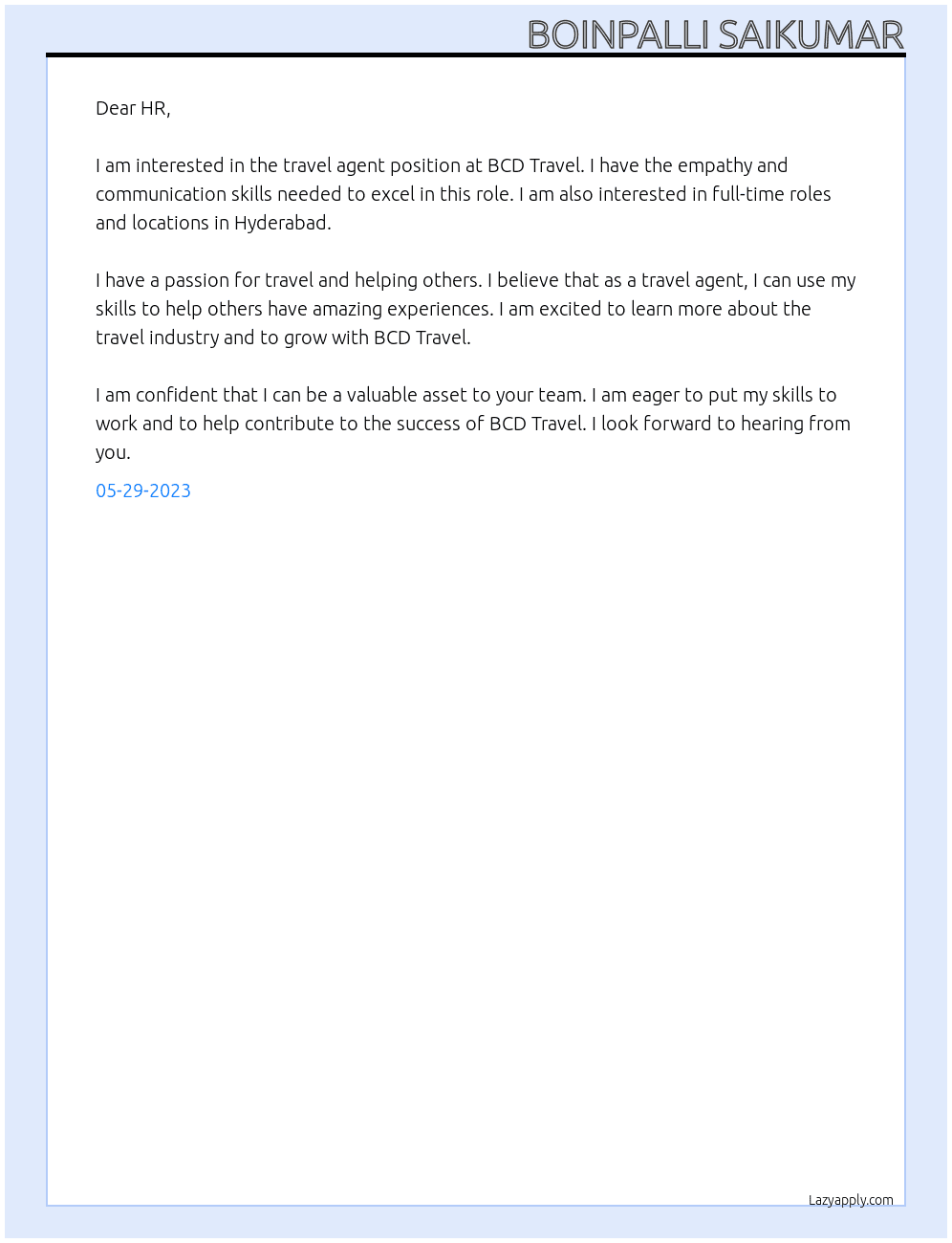 Travel Agent  At BCD Travelh Cover Letter