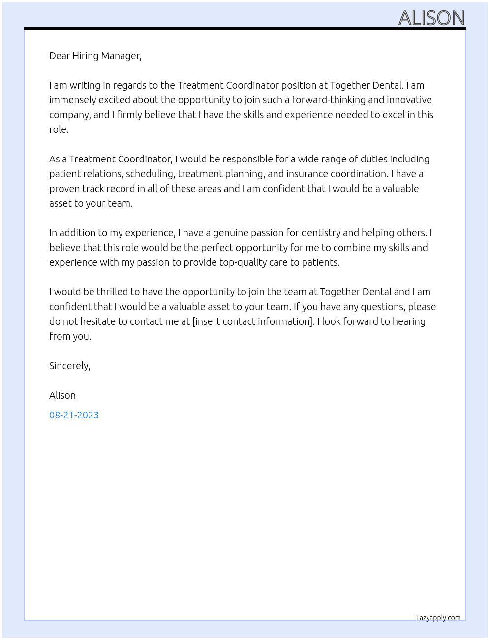 Treatment Coordinator At Together Dental Cover Letter
