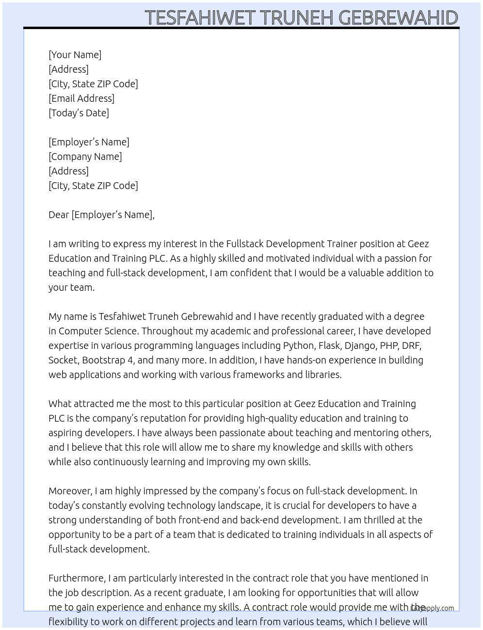 Fullstack development ttainee At Geez Education and Training PLC Cover Letter