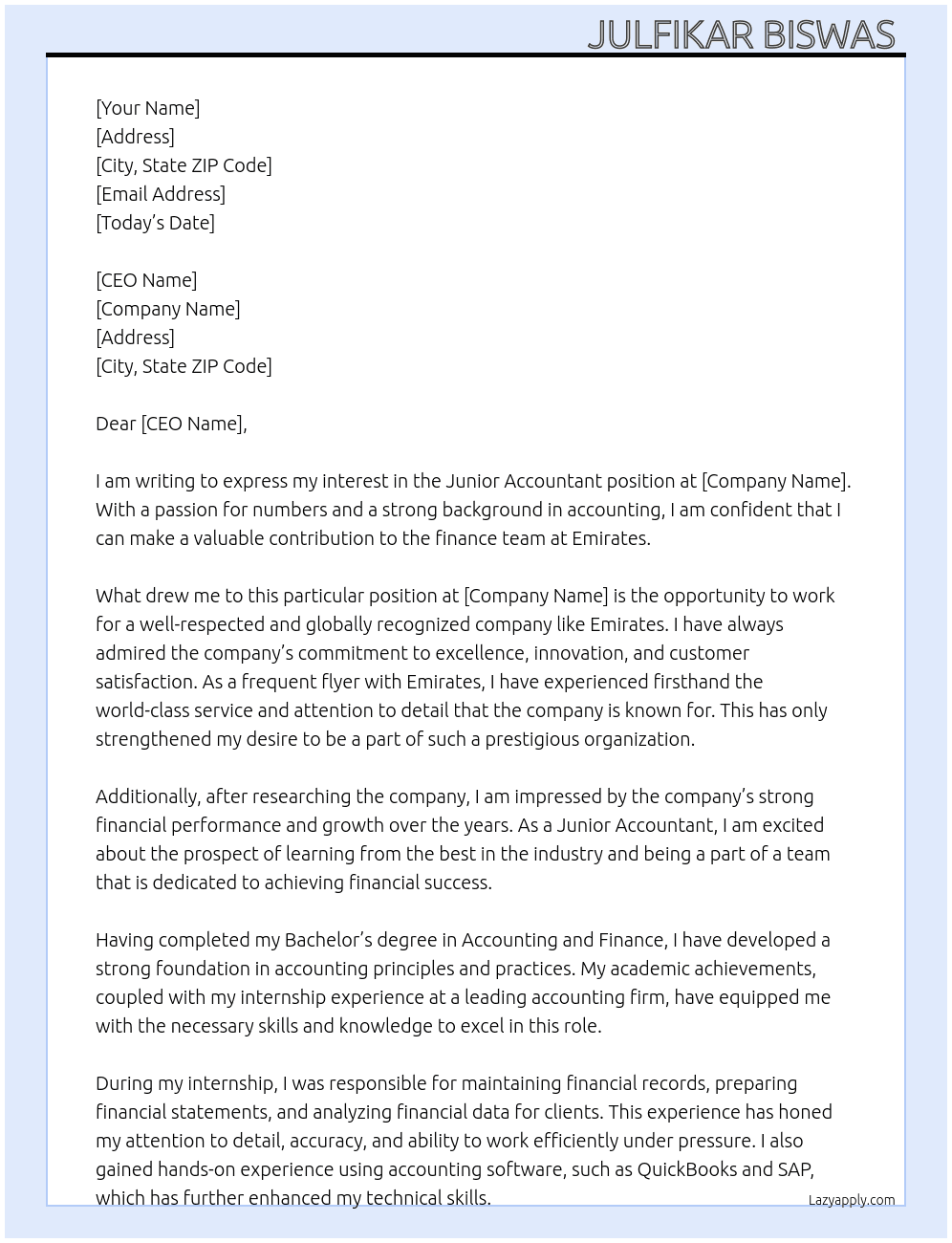Junior Accountant At EMIRATES Cover Letter