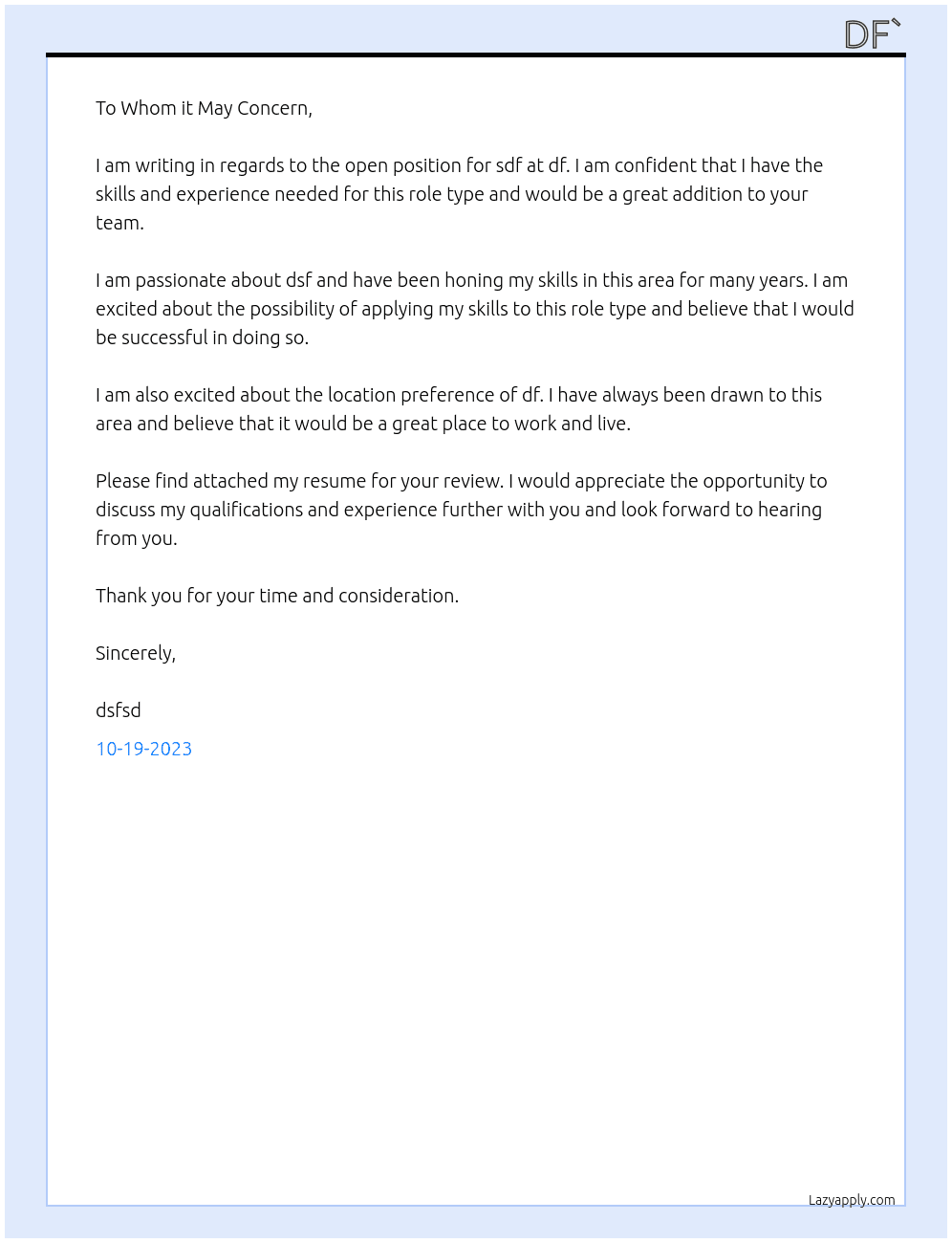 sdf At dsfa Cover Letter