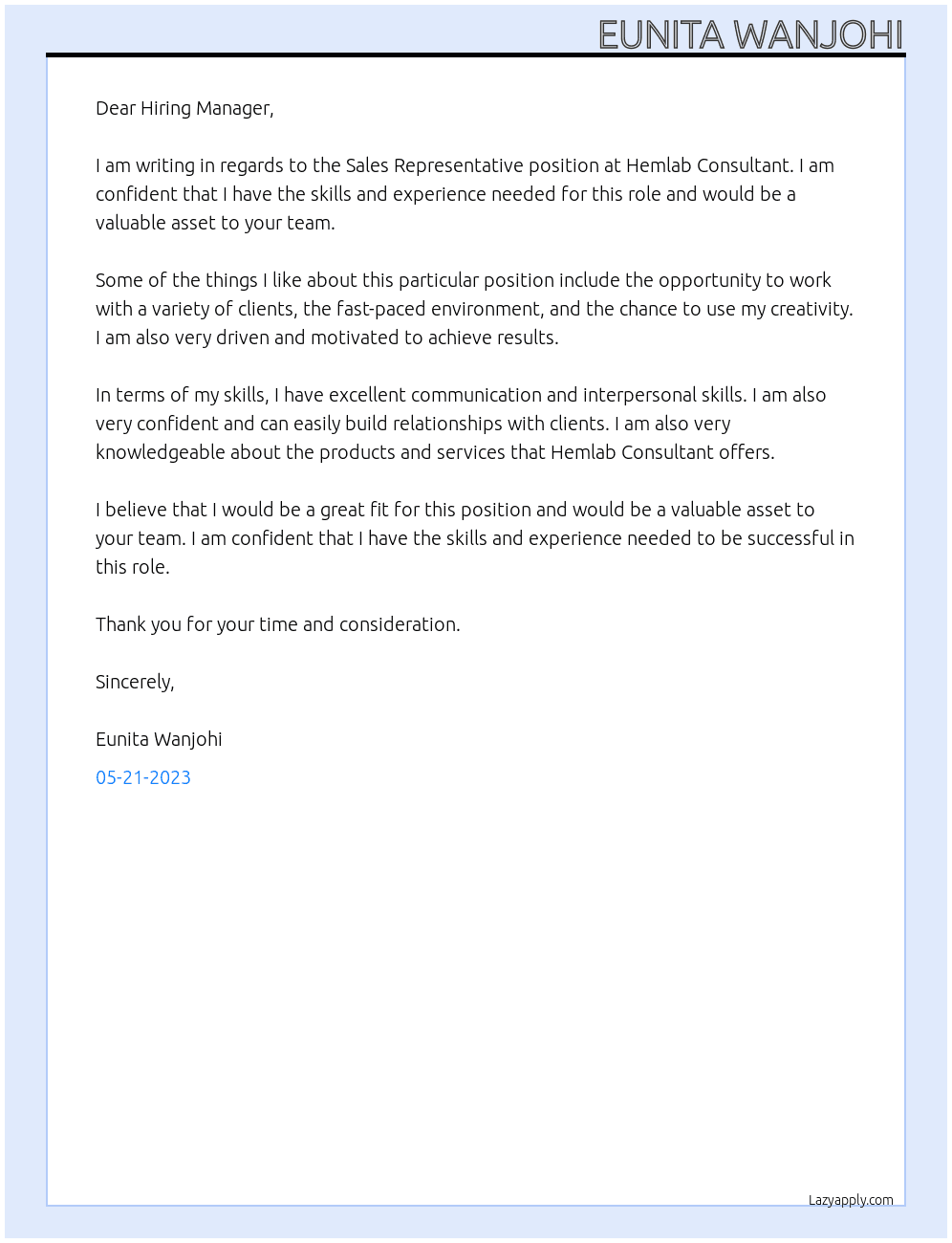 Sales Representative At Hemlab consultant Cover Letter
