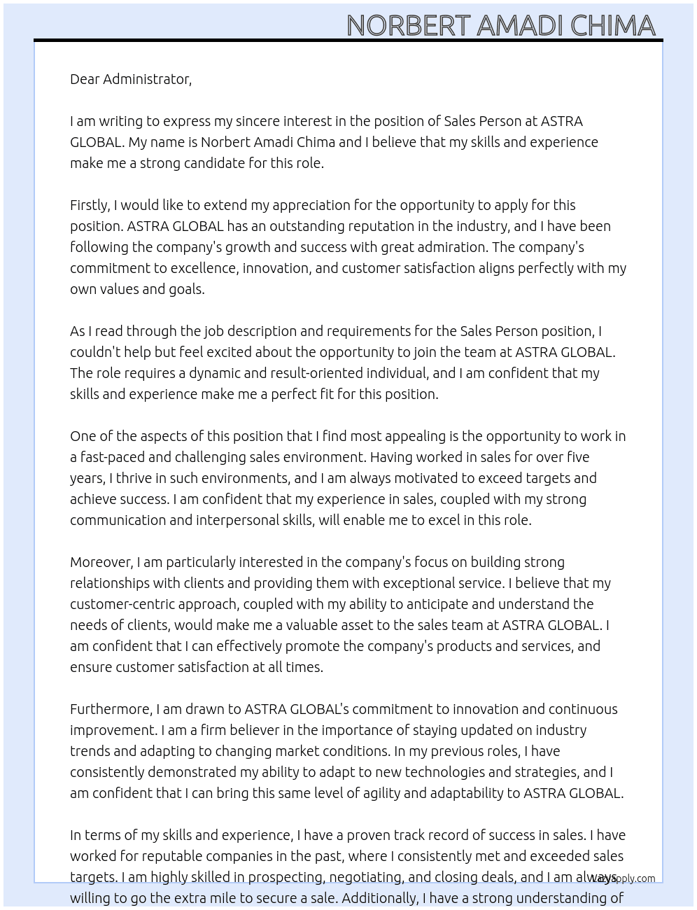Sales Person  At ASTRA GLOBAL  Cover Letter