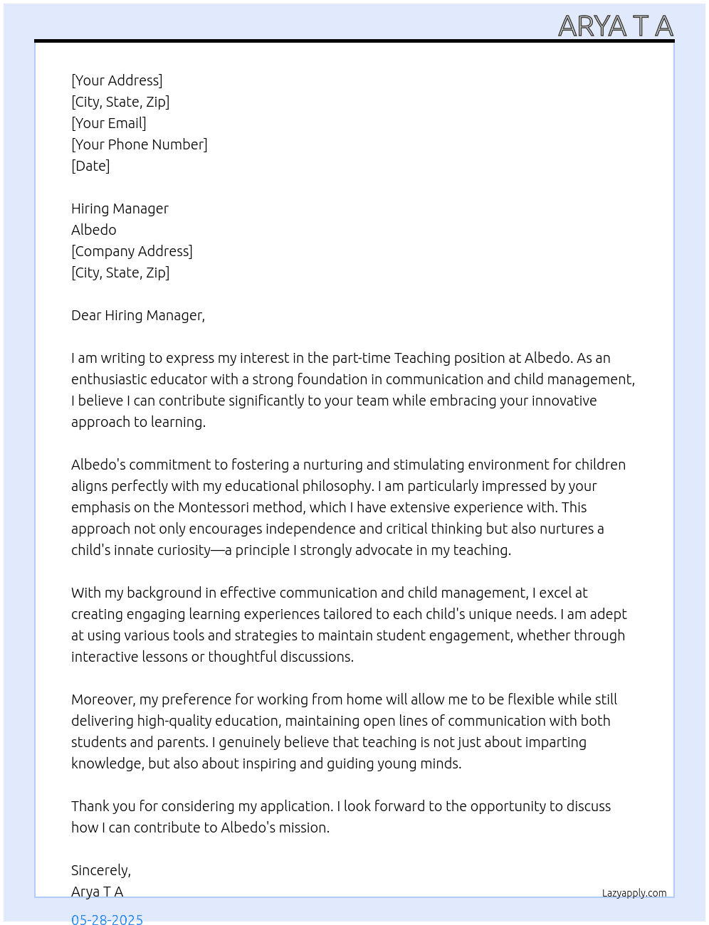 Teaching  At Albedo Cover Letter