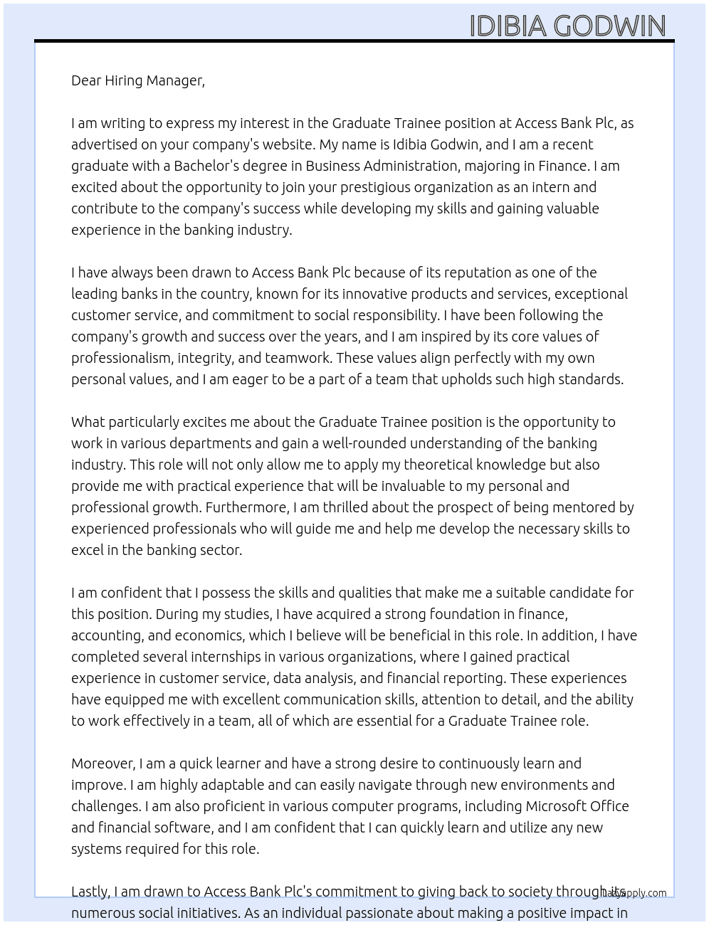 Graduate trainee At Access Bank Plc Cover Letter