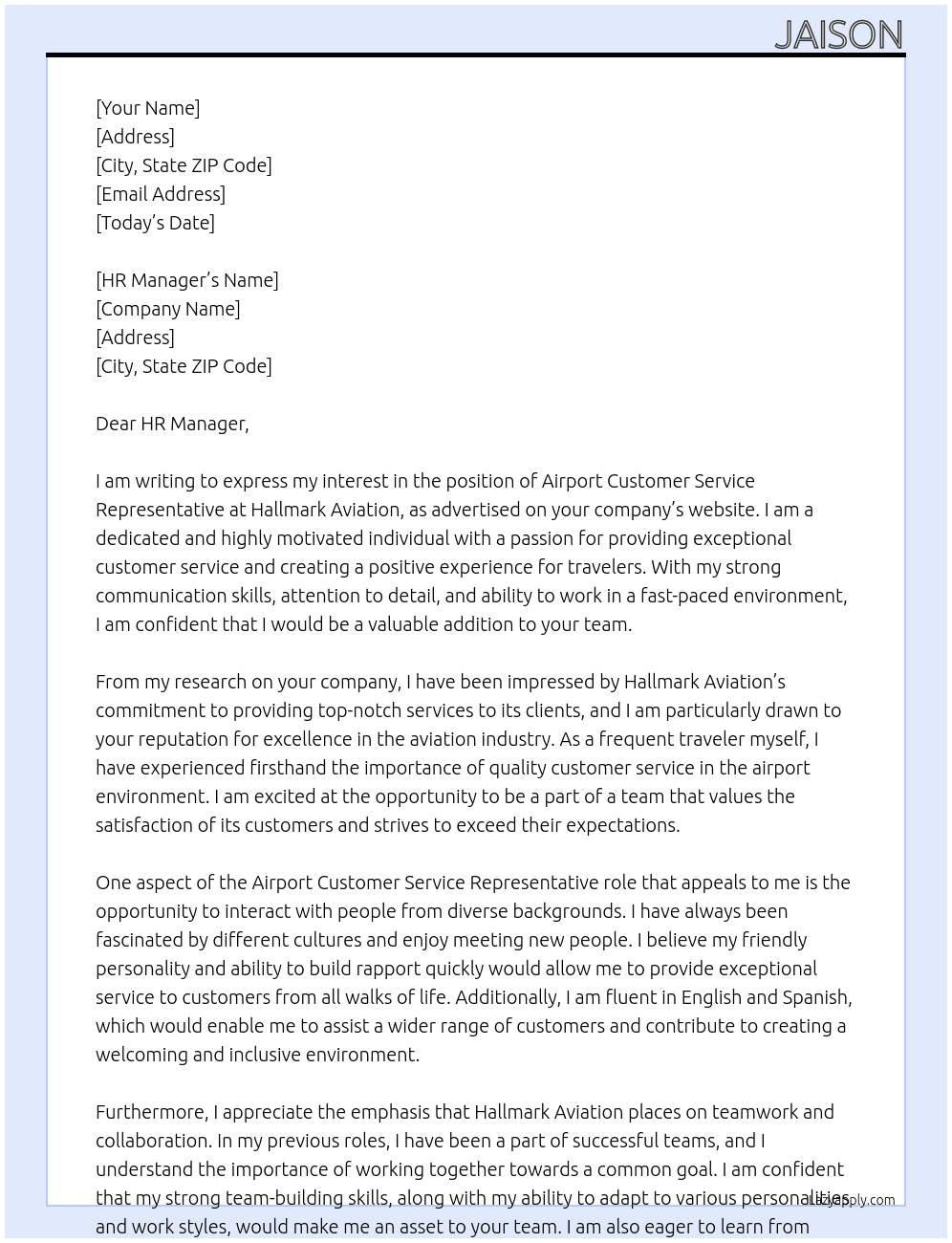 Airport customer service representative At Hallmark Aviation Cover Letter