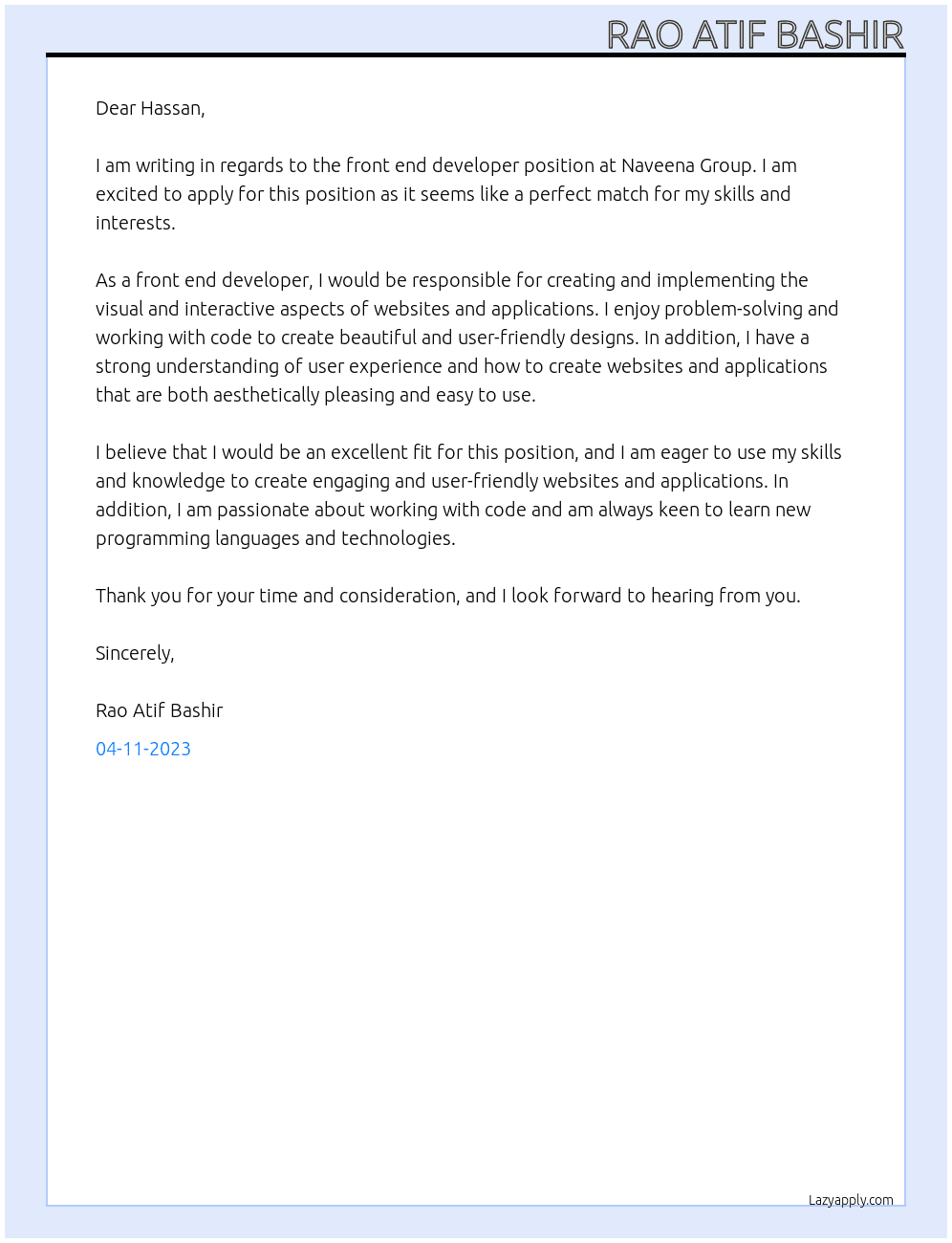 front end Developer At naveena Group Cover Letter