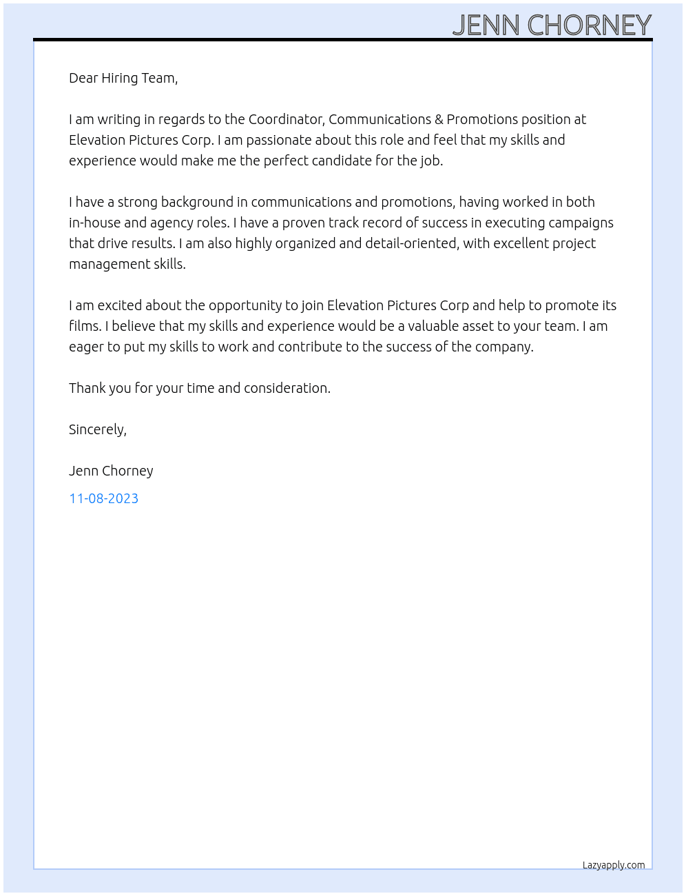 Coordinator, Communications & Promotions At Elevation Pictures Corp Cover Letter
