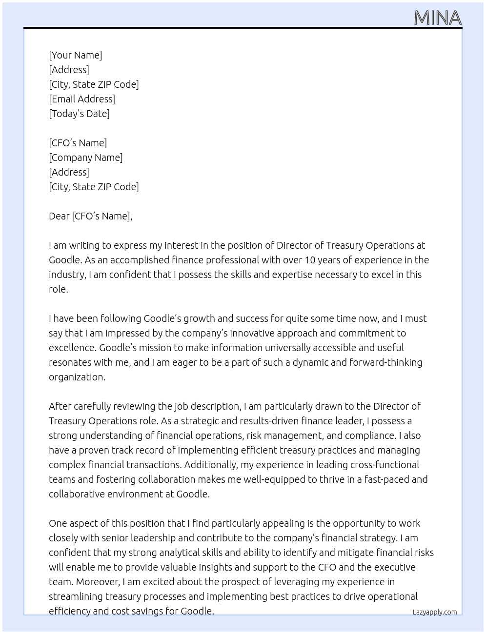Director Treasury Operations At Goodle Cover Letter